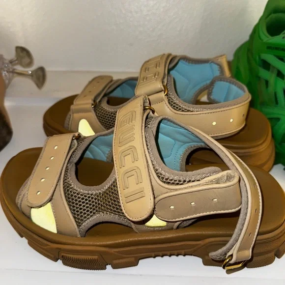 Gucci Beige and Tan Mesh Sandals Gucci - GG embellished mesh sandals Gucci main image 3